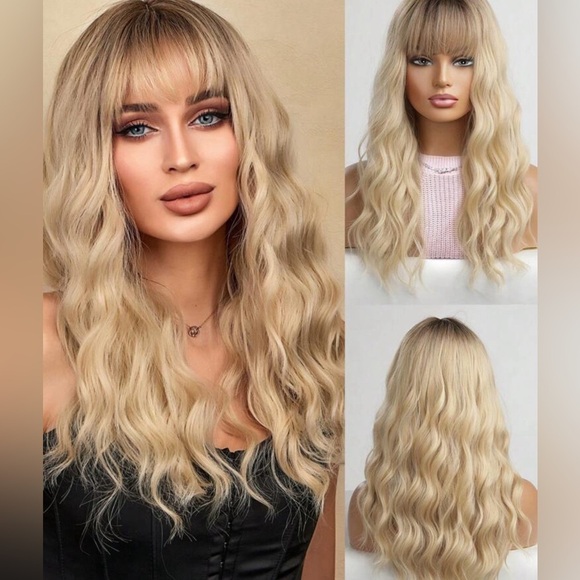 Balayage light Blonde Curly Wig With bangs - Picture 1 of 12
